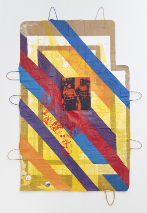 Tomashi Jackson "Brooklyn (Co-op Meeting)", 2019 Acrylic on paper and muslin with silkscreen on canvas 61 x 41 1/4 inches