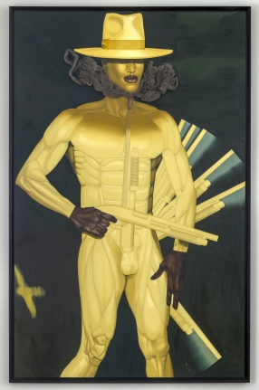 Jeff Sonhouse "Repeat Offender", 2017 Oil, steel, wool, and copper wool on fiberboard with artist's frame 99-5/8 x 63-5/8 x 3-1/4 inches