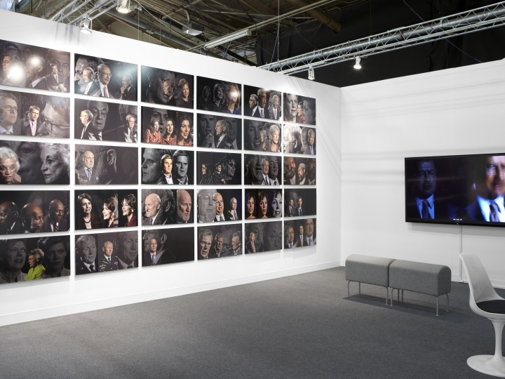 LINCOLN SCHATZ The Network 2012, generative digital portraits of 89 American innovators, custom software, computer, LCD screen, on-location set, wiring, cameras, water, 89 photographs, dimensions variable. Please contact gallery for more information. Installation view: booth 902, The Armory Show, 2013