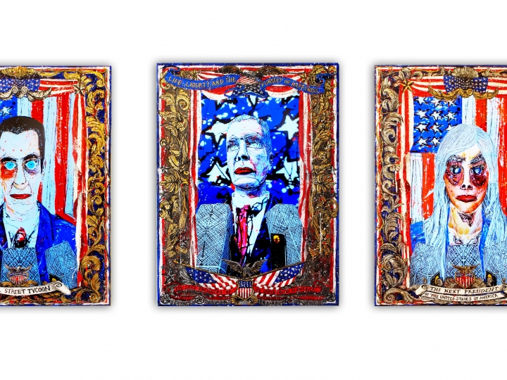 FEDERICO SOLMI American Circus (Installation view) 2014, 3 video painting, acrylic paint on plexiglass, gold and silver leaf, video loop