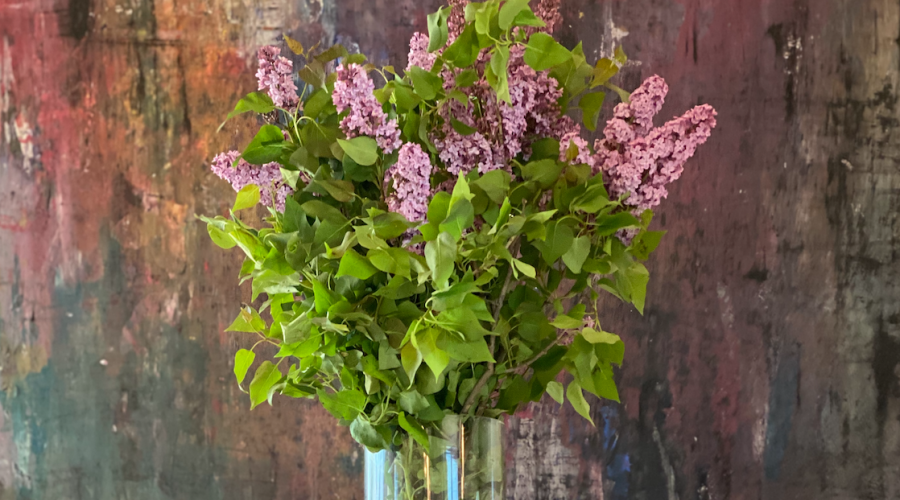 Fresh Lilacs in front of Untitled #3 by Chris Hanson 54" x 71"