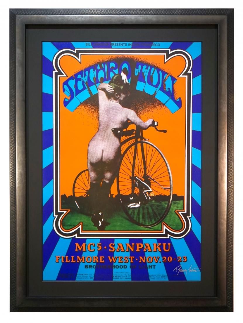 BG-203 Original Jethro Tull 1969 concert poster by Randy Tuten featuring an old time nude Pinup girl from behind and Bicycle