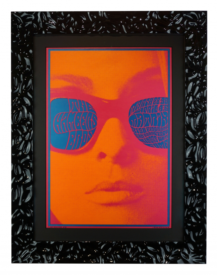 NR-12 Poster for the Chambers Brothers, 1967, by Victor Moscoso. The original inspiration for the Almost Famous movie poster. Woman's face in orange with sunglasses on.