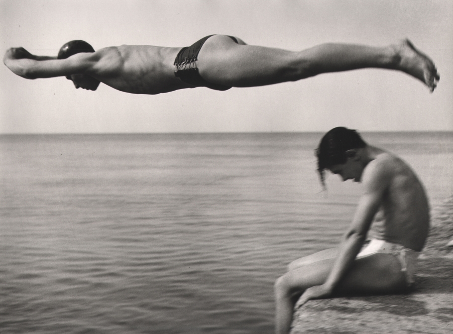 Nino Migliori, The Diver, 1951. One man jumps over another into the ocean.
