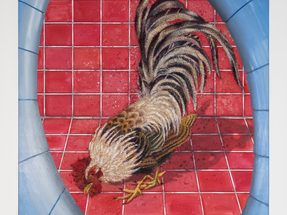Katz painting of a rooster on red tile