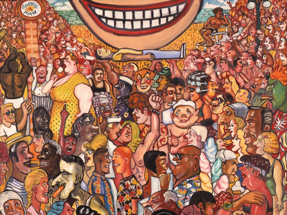 Detail of work by Red Grooms featuring a colorful oil painting on canvas of a crowd of figures smiling and socializing. Featuring a massive smiling mouth at the top center of the piece with a person laying horizontal below it.