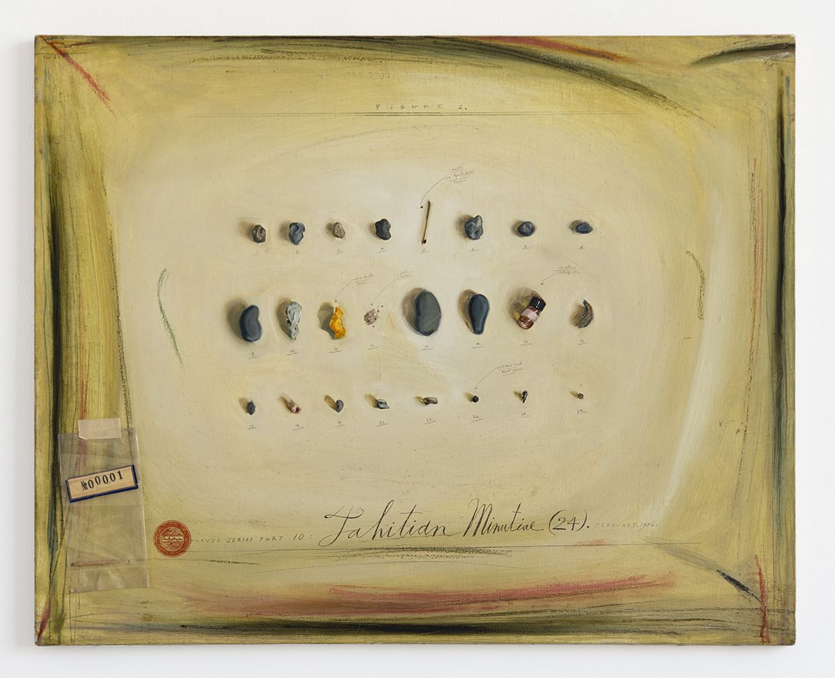 Candy Jernigan, Travel Series Part 10 – Tahitian Minutial (24) – February 1986, 1986, Oil and collage on canvas, 24 x 30 x 3/4 inches (61 x 76.2 x 1.9 cm)