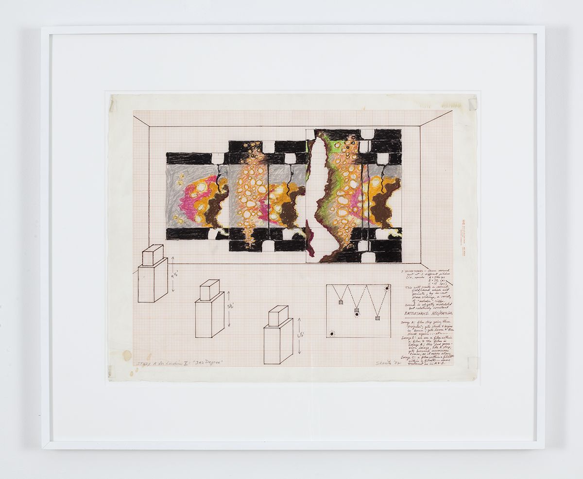 Paul Sharits Study A for Location X: "3rd Degree", 1982 Mixed media on vellum Paper: 18 x 23 inches (45.7 x 58.4 cm) Frame: 21 x 26 inches (53.3 x 66 cm)