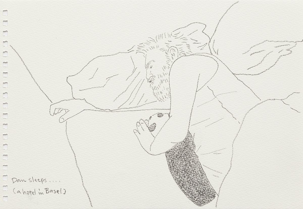 Mieko Meguro Dan Sleeps...(A Hotel In Basel) , 2016 Graphite on paper Image: 6 3/8 x 9 7/8 inches (16.5 x 25.1 cm) Frame: 9 1/2 x 12 1/2 x 1 1/8 inches (24.1 x 31.7 x 3.0 cm)
