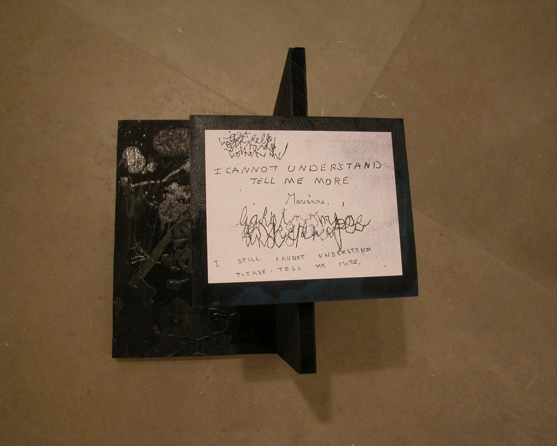 Michaela Meise, Writing, 2005, wood, stain, paper, 11 x 15 x 14 1/2 inches