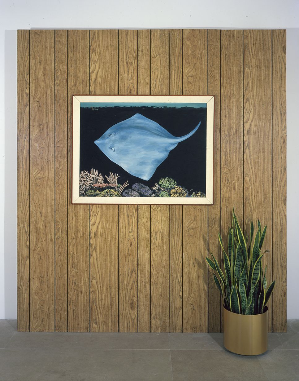 Manta Ray, 1981, Framed oil on canvas painting with wood paneled wall and potted snake plant