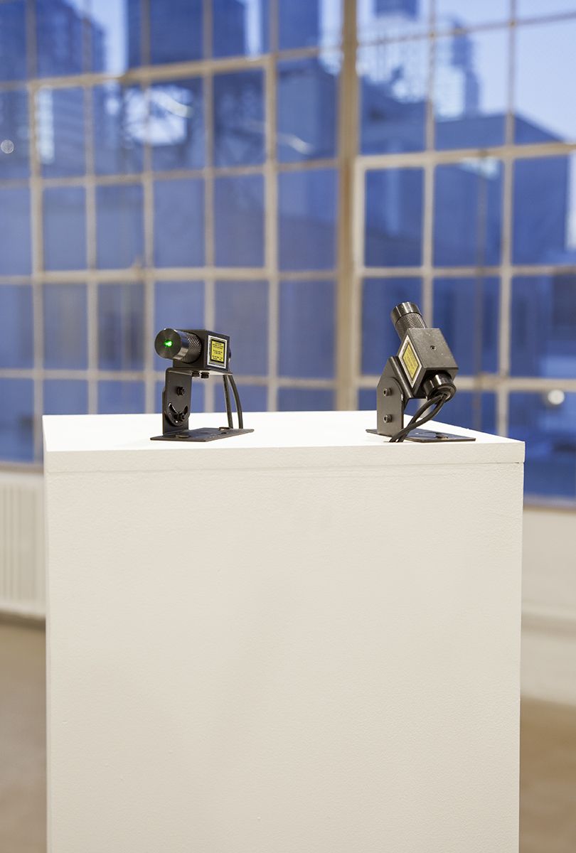 Michael Fullerton, Two Stars, Two Magnitudes (Polaris Due North. The traversal of Regulus, Due East Between 2001 hrs and 0302 hrs), 2013, Lasers pedestal, Dimensions variable, Installation view, Greene Naftali, New York, 2014