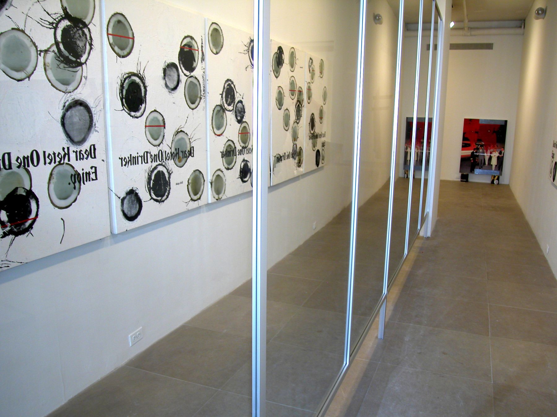 Coconut Corridor, 2005, 6 paintings, silkscreen and digital inkjet on canvas, reflective plexiglass screen, paintings 48 x 36 inches, installation dimensions variable, Installation view, Greene Naftali, New York, 2005