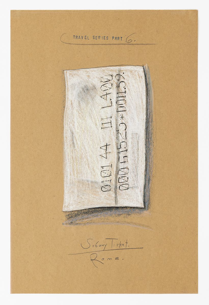 Candy Jernigan, Travel Series – Part 6, Subway Ticket – Rome, 1984, Pastel and rubber stamp on paper, Image: 18 x 12 inches (45.7 x 30.5 cm), Frame: 21 x 14 3/4 x 1 1/2 inches (53.3 x 37.5 x 3.8 cm)