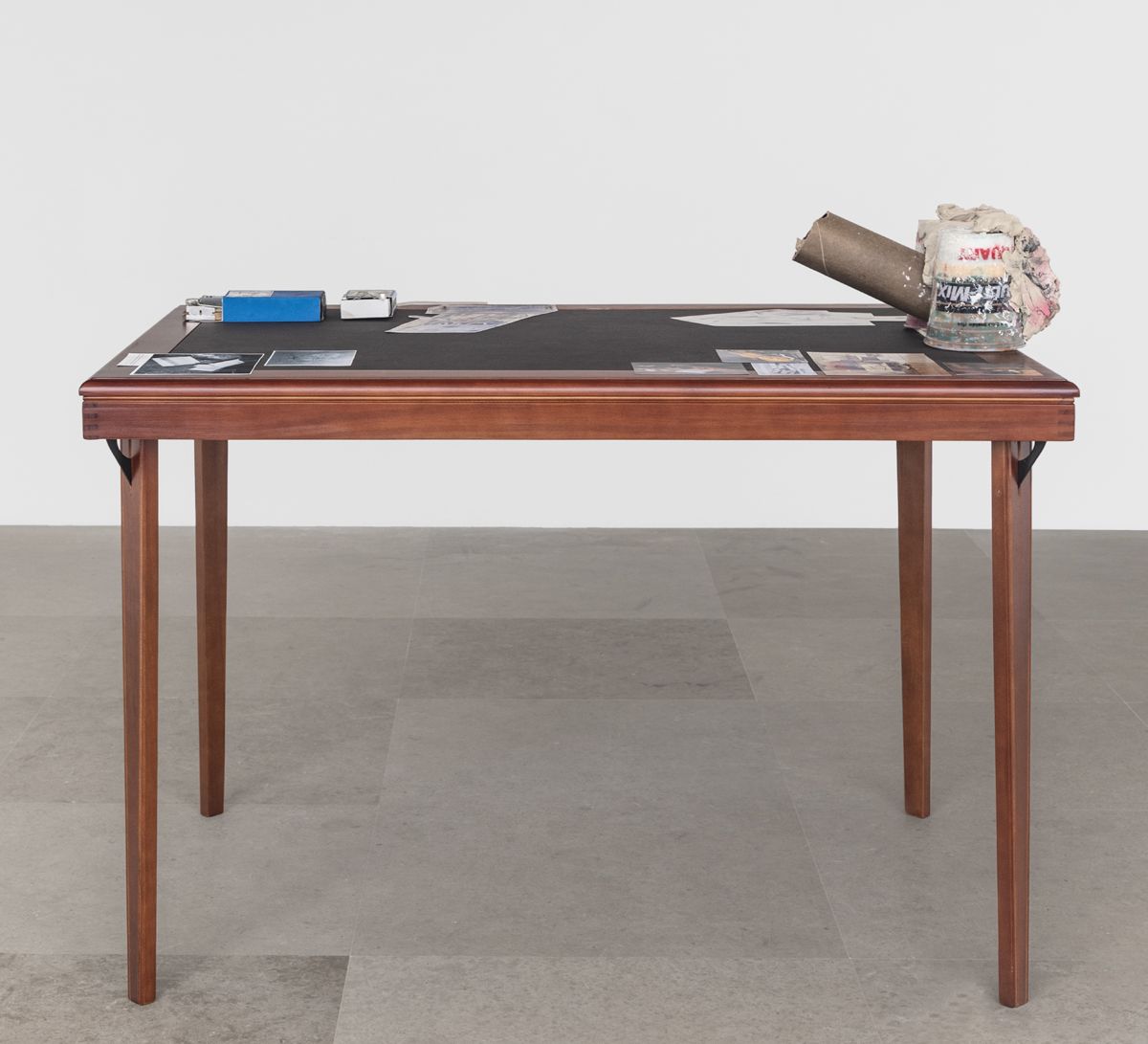 After Artaud, The sexual awkwardness of god, Rape Table, 2019, Plastic, air-dry clay, cardboard tube, boxes, razors, matches, mousetrap, office hardware, cow’s blood and collage on table, 37 x 46 x 32 inches (94 x 116.8 x 81.3 cm)
