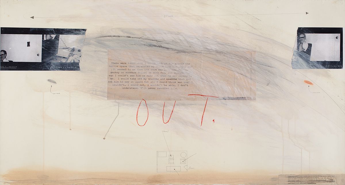 Candy Jernigan, OUT, 1989, Acrylic, pastel, and collage on paper, 27 x 47 x 2 inches (68.6 x 119.4 x 5.1 cm)