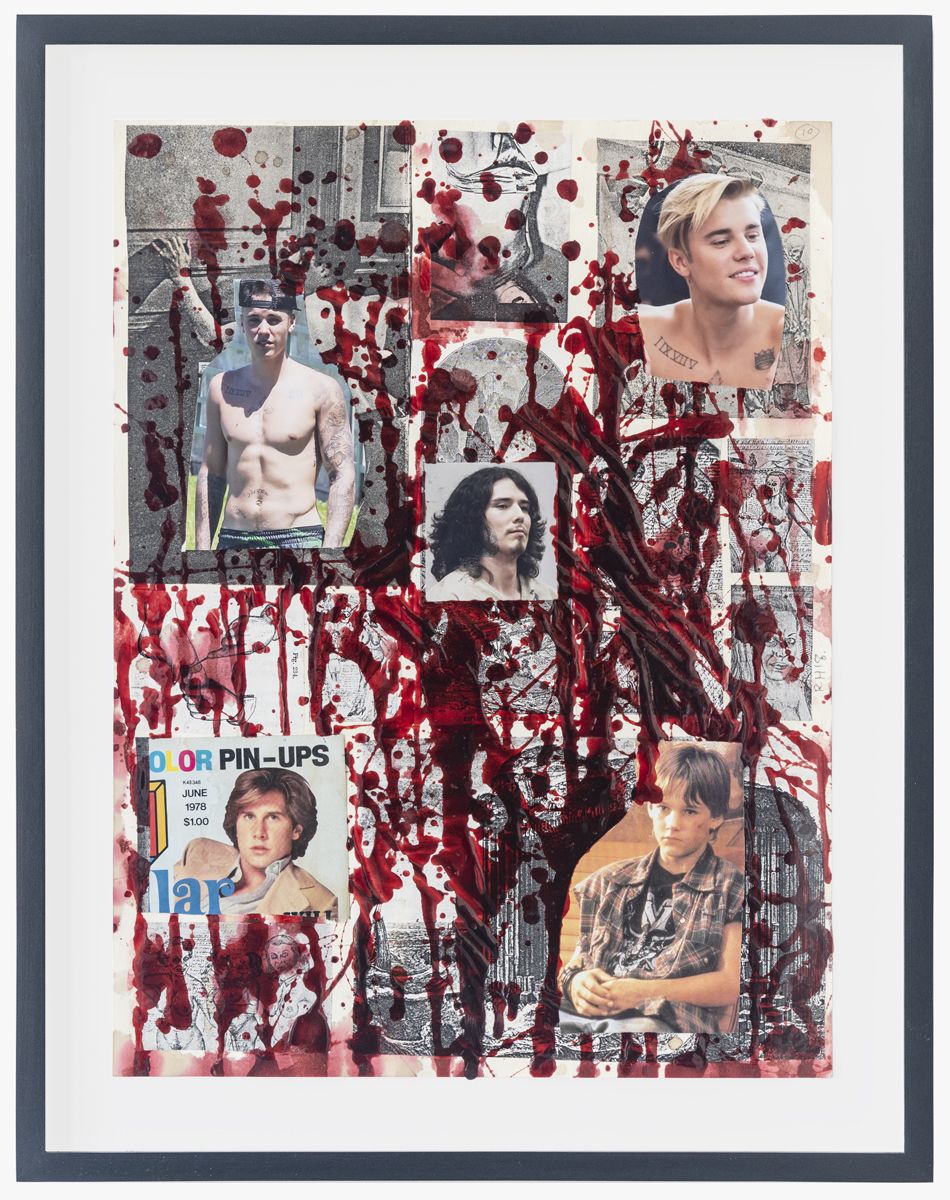 The Collage Killer #9, 2018, Fake blood and collage on paper, 15 3/4 x 11 7/8 inches (40 x 30.2 cm) Frame: 18 1/4 x 14 1/4 inches (46.4 x 36.2 cm)