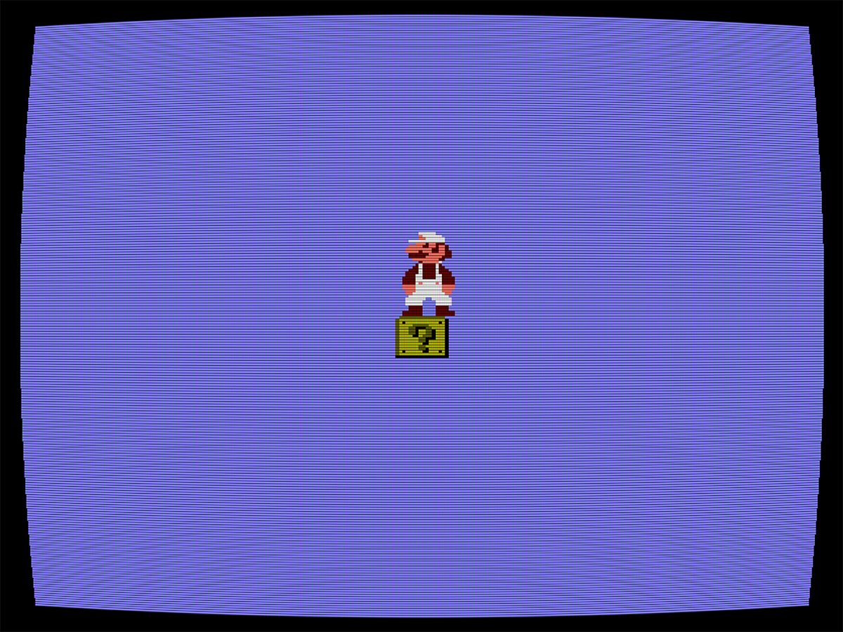 Against an empty periwinkle background. a pixelated Mario stands with inverted colors on top of a green box with a question mark.