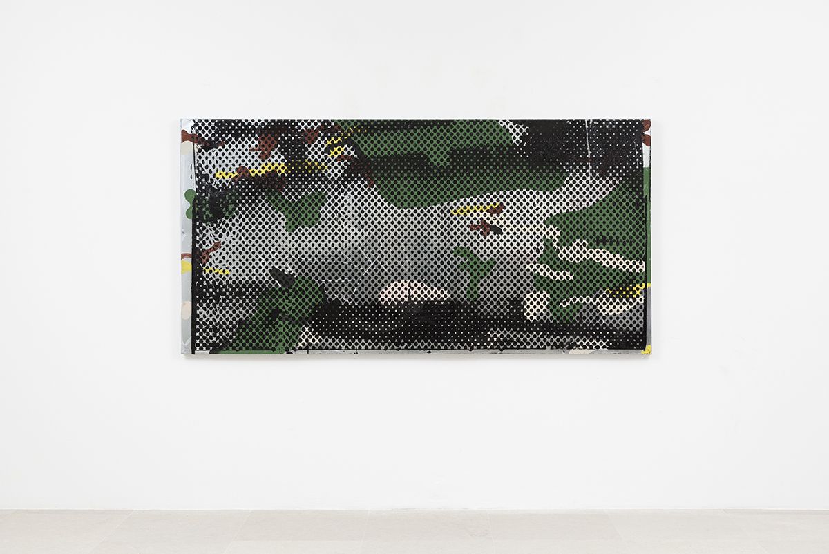 Mathieu Malouf, M83 nuclear warhead, 2017, Acrylic, silkscreen and glitter on aluminum and wood, 48 x 96 inches (121.9 x 243.8 cm)