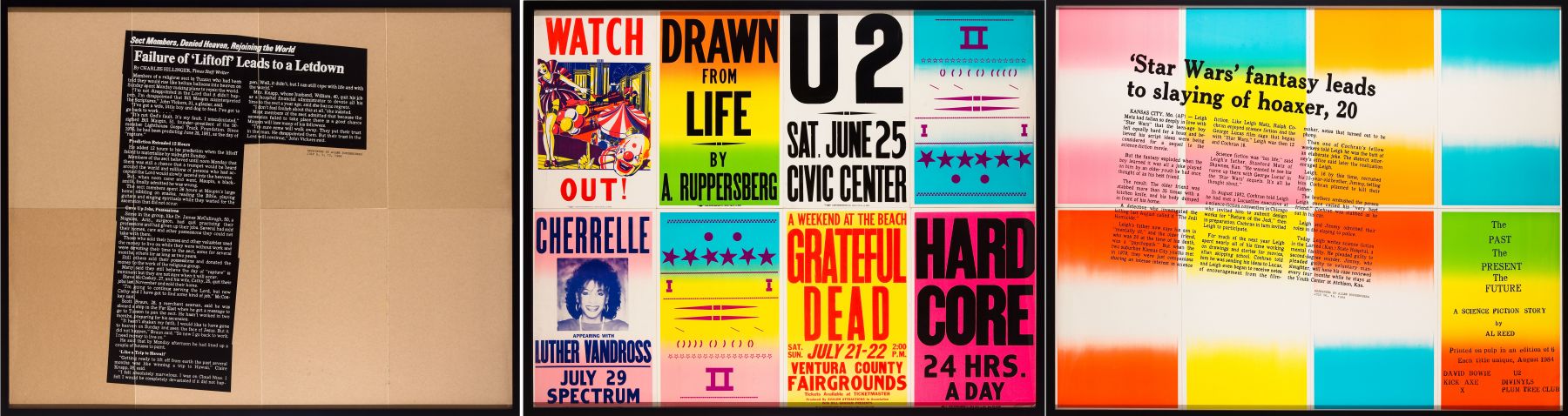 Allen Ruppersberg, The Past, The Present, The Future (U2), 1985, silkscreen on pulp; edition of 6 (each title unique), 45 3/4 x 58 3/4 x 1 1/2 inches each