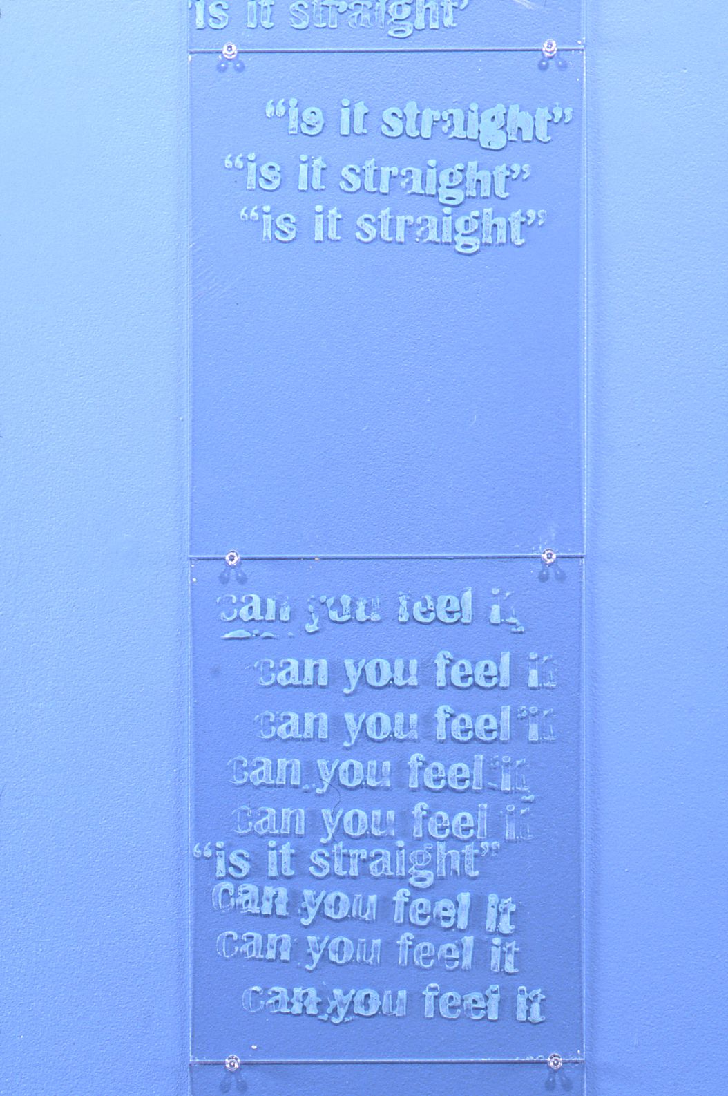 Mark Bradford, Lot's Wife, 1997 (detail), 9 plexiglass pieces with text, 11 x 14 inches each, sky blue painted wall, Dimensions variable