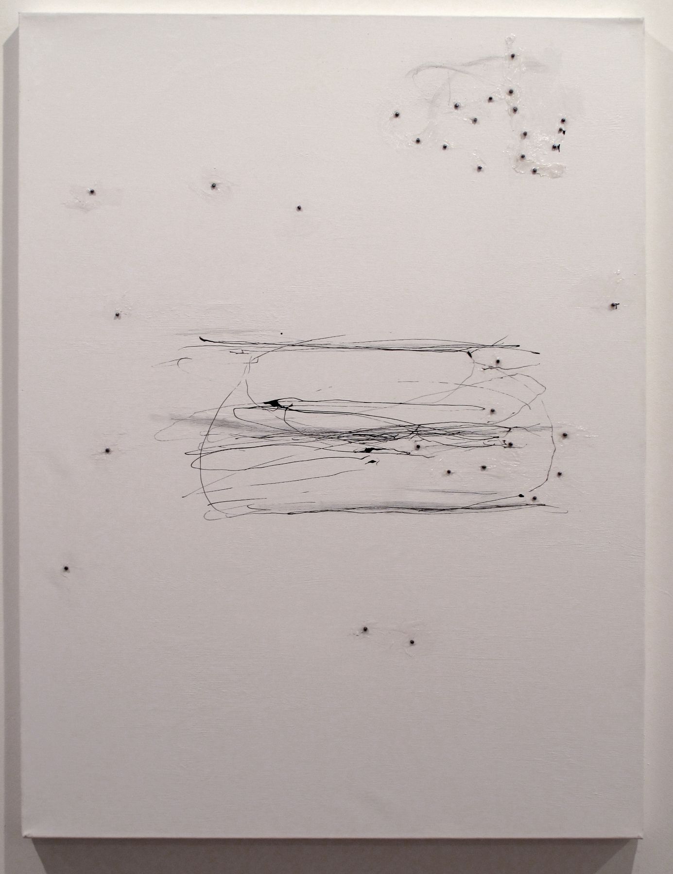 The Assistant (4), 2008, ink, pearls, acrylic, and adhesive on canvas, 40 x 30 inches