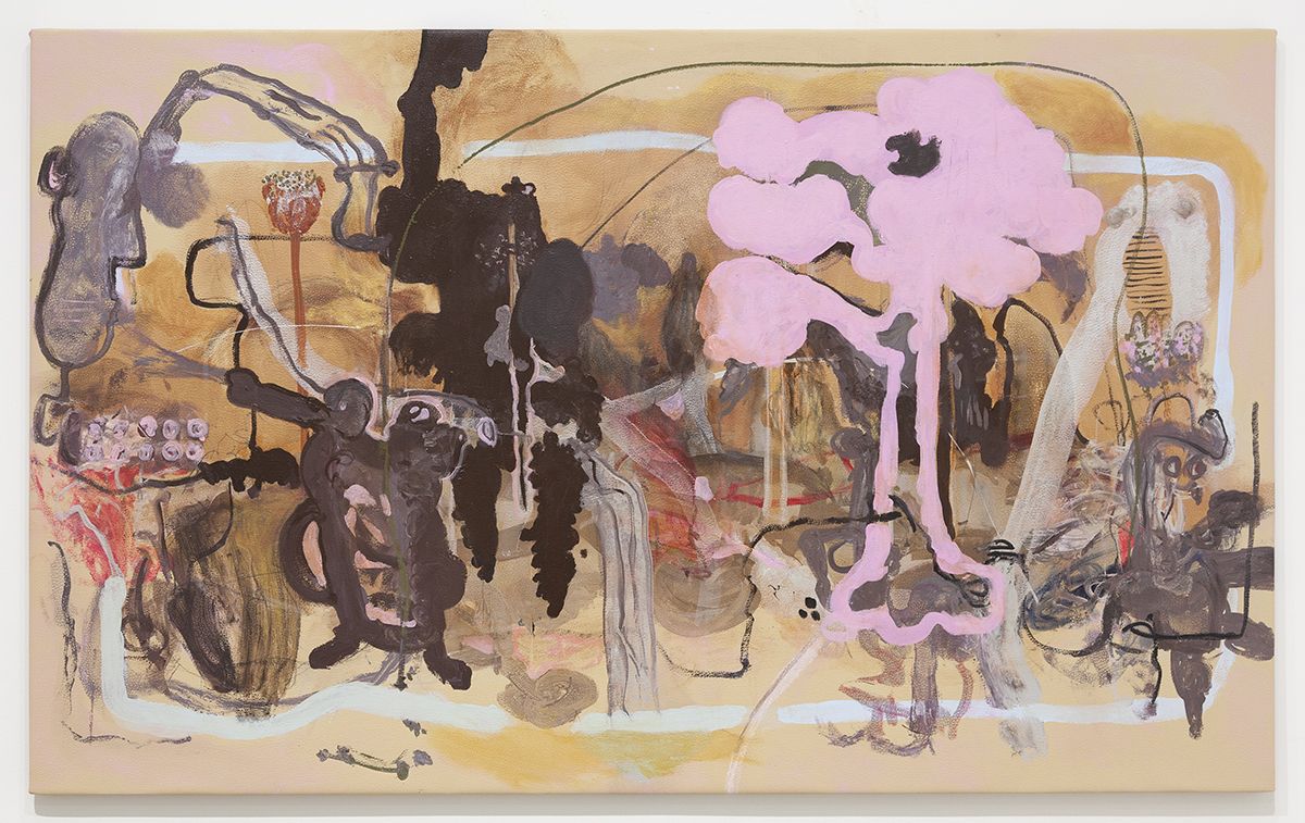 Michaela Eichwald Scheinsubjekt mit Laberflash, 2016 Acrylic, wood stain, graphite, clear varnish on pleather 53 1/4 x 86 5/8 x 1 1/4 inches (135 x 220 x 3 cm)