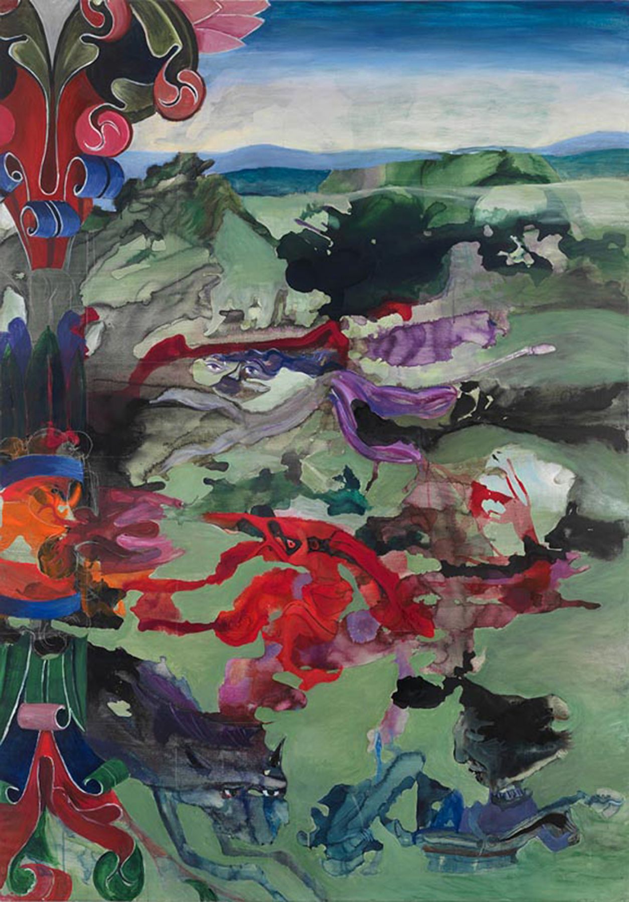 Ohne Titel, 2011, Watercolor, ink, pastel, oil, and acrylic on canvas, 78 3/4 x 55 1/4 inches