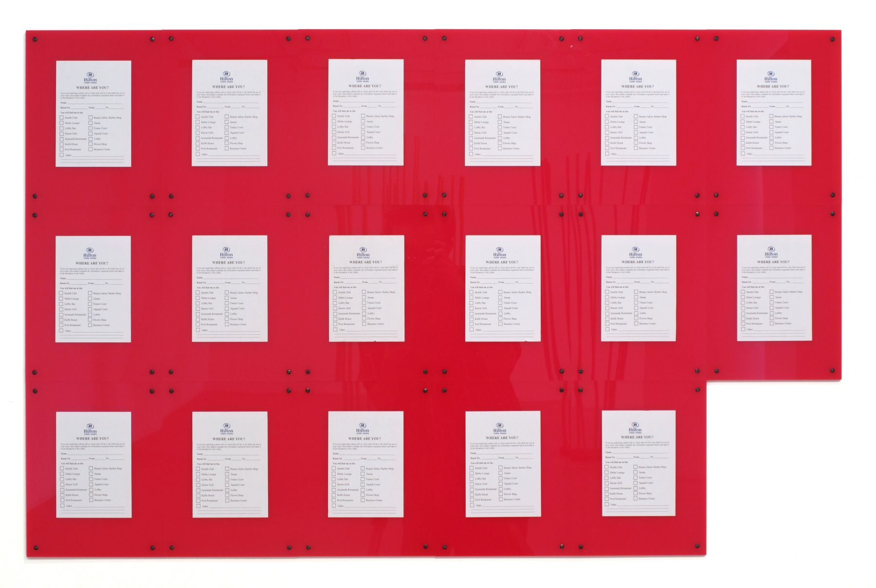 Michaela Meise, Hilton Addis Ababa, 2009, Plexiglas, paper, 17 parts, 9 3/4 x 7 1/2 inches (each), 29 x 44 7/8 inches (approx. overall)