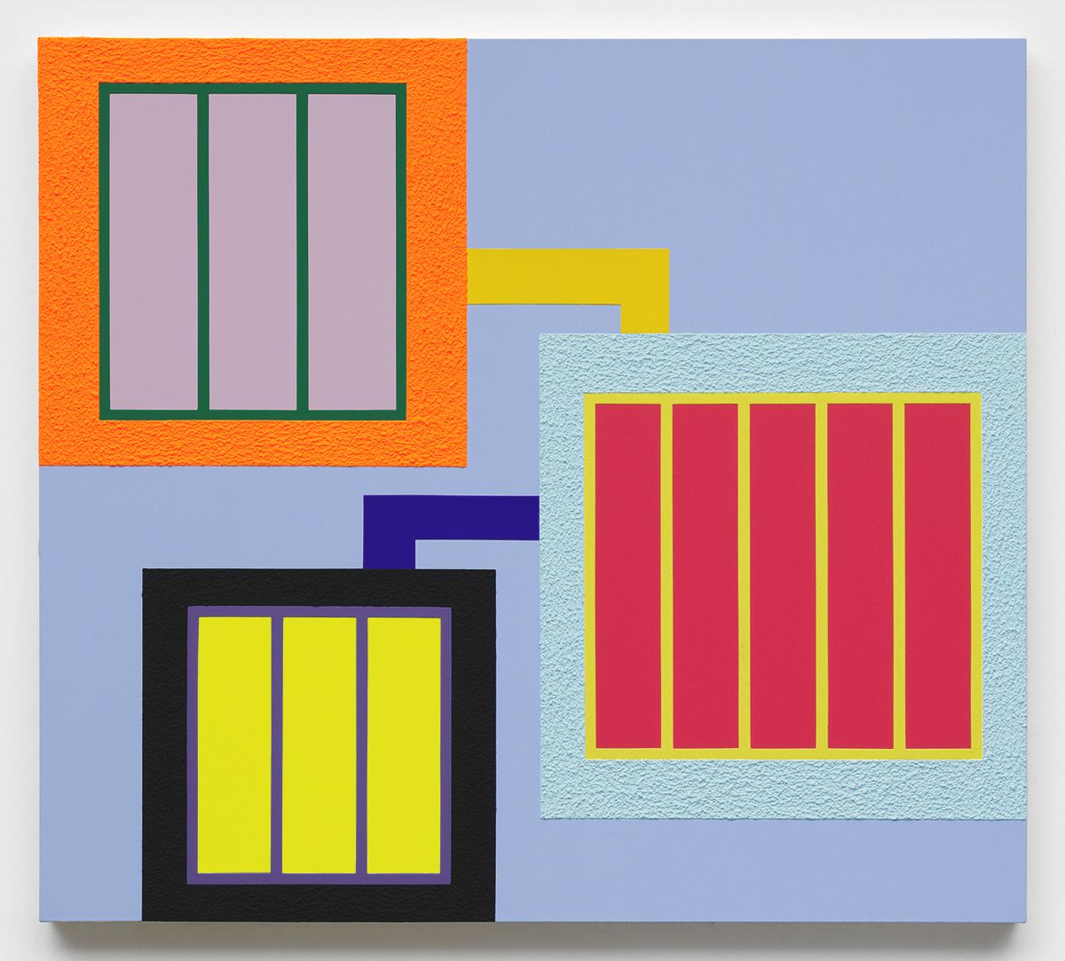 Peter Halley, Between Worlds, 2017 Acrylic, fluorescent acrylic, Flashe, and Roll-A-Tex on canvas 60 x 67 inches (152.4 x 170.2 cm)