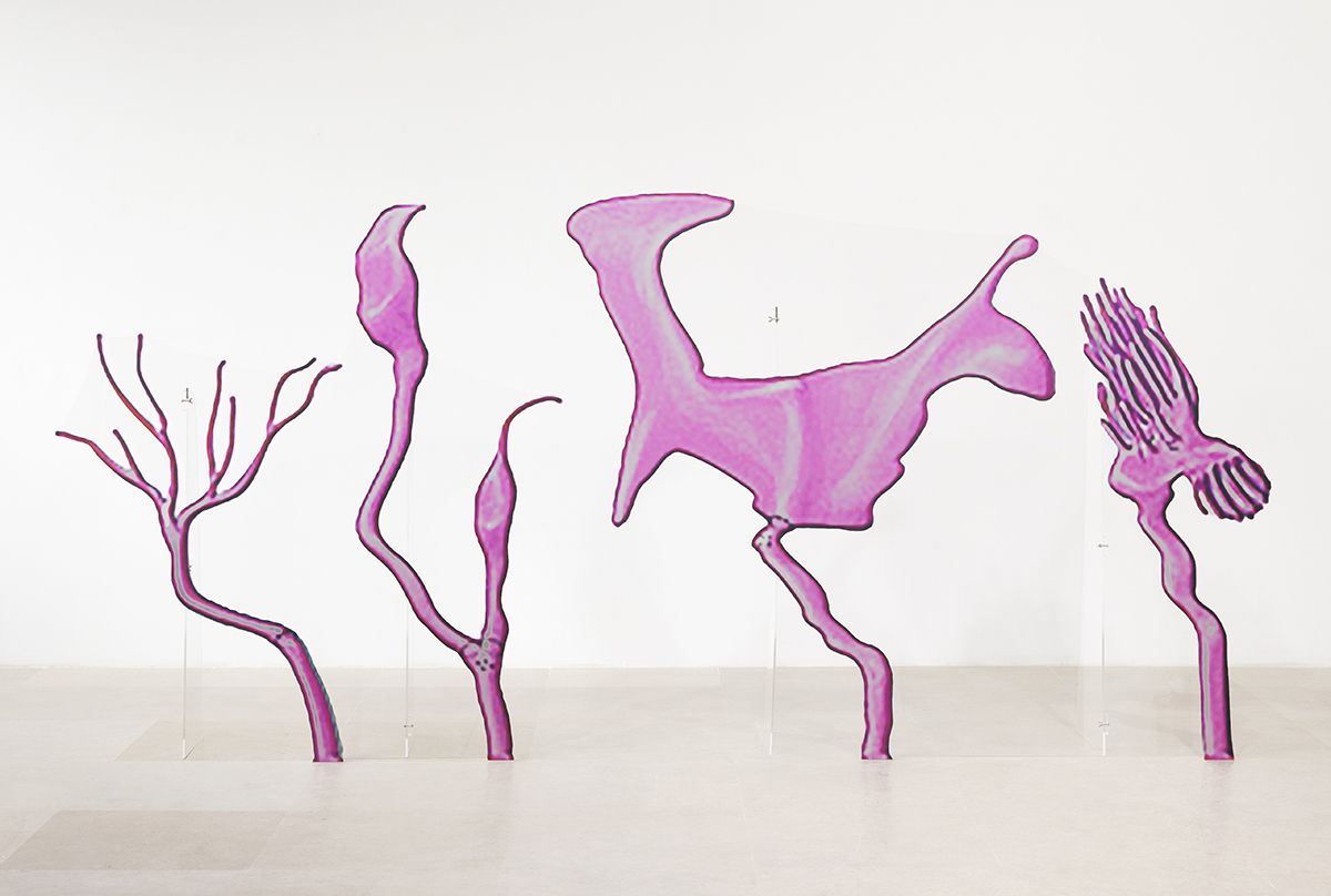 Katja Novitskova Approximation (C. elegans Dendrite Endings: AWA, AWB, AWC, AFD), 2016 Digital print on aluminum, cutout display; plexiglass A: 66 3/4 x 84 x 18 1/2 inches (169.5 x 213.4 x 47 cm) B: 65 1/4 x 59 x 15 1/2 inches (165.7 x 149.9 x 39.4 cm)