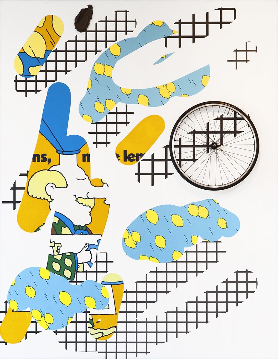 Laura Owens, Untitled, 2014, Flashe, silkscreen inks, oil, acrylic, charcoal, bike wheel, and gesso on linen, 108 x 84 inches