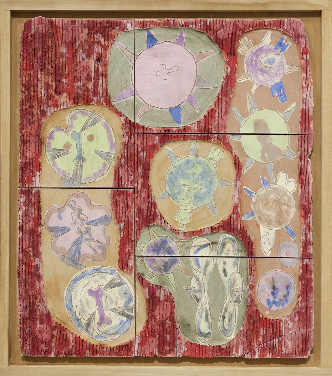Richard Hawkins Norogachi Buttholes of the Sun - red, 2016 Glazed ceramic in artist's frame 25 3/4 x 22 3/4 x 1 3/4 inches (65.4 x 57.8 x 4.4 cm)