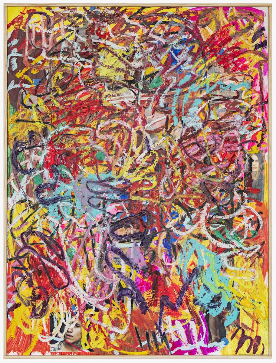 A Lure Painting #5, 2019, Oil stick and collage on panel, 48 3/4 x 36 3/4 x 1 1/2 inches (123.8 x 93.3 x 3.8 cm)
