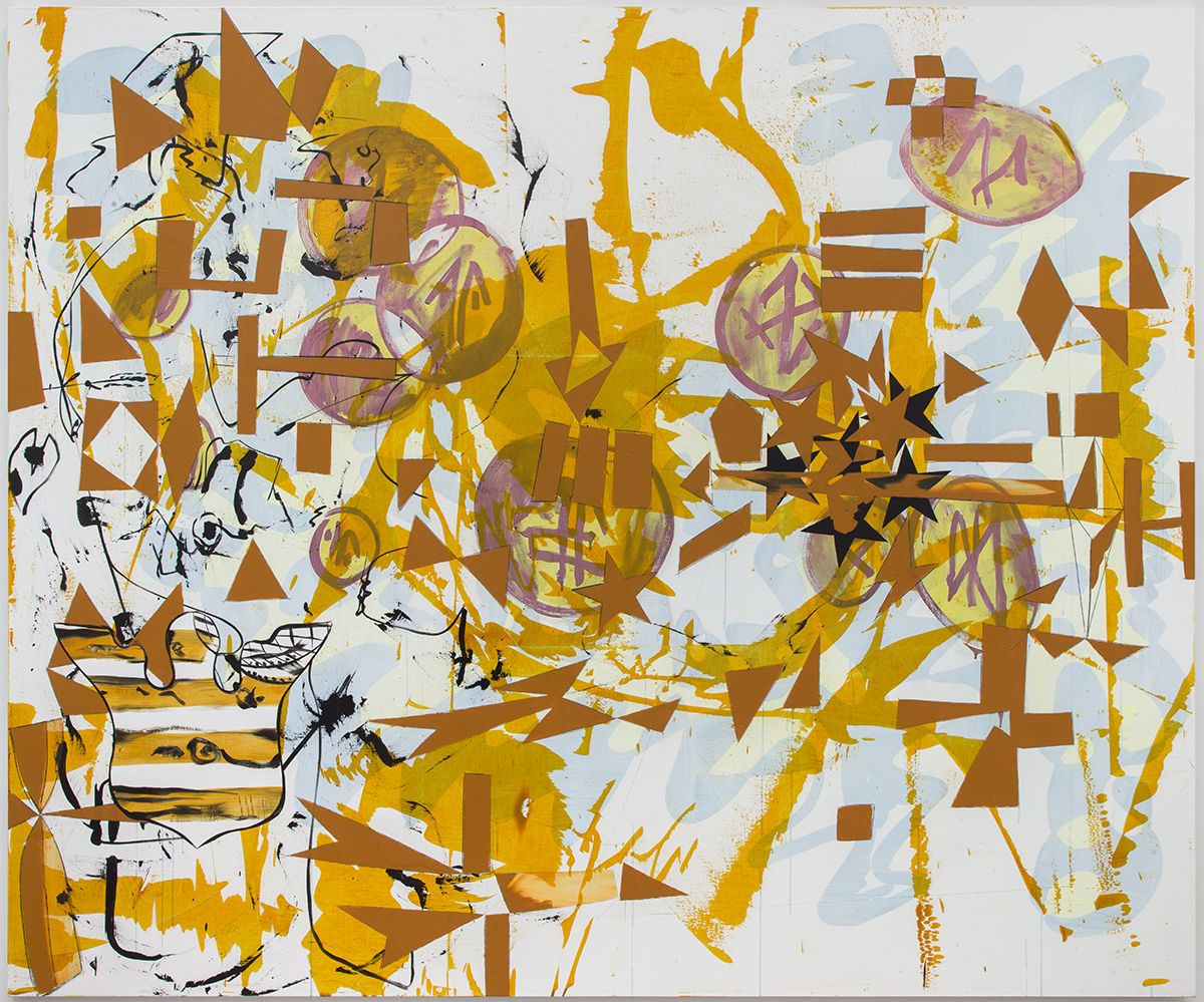 Charline von Heyl, A Dauphin Sat Down to Dine on Dust (Alone in a Field of Wheat), 2018, Acrylic and oil on linen, 90 x 108 inches (228.6 x 274.3 cm)