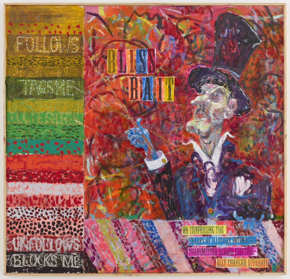 Dandy Spirit Guide Lecture on Ancient Feeds, Ever–Refreshed, 2019, Oil and collage on panel, 49 x 50 3/4 x 1 1/2 inches (124.5 x 128.9 x 3.8 cm)
