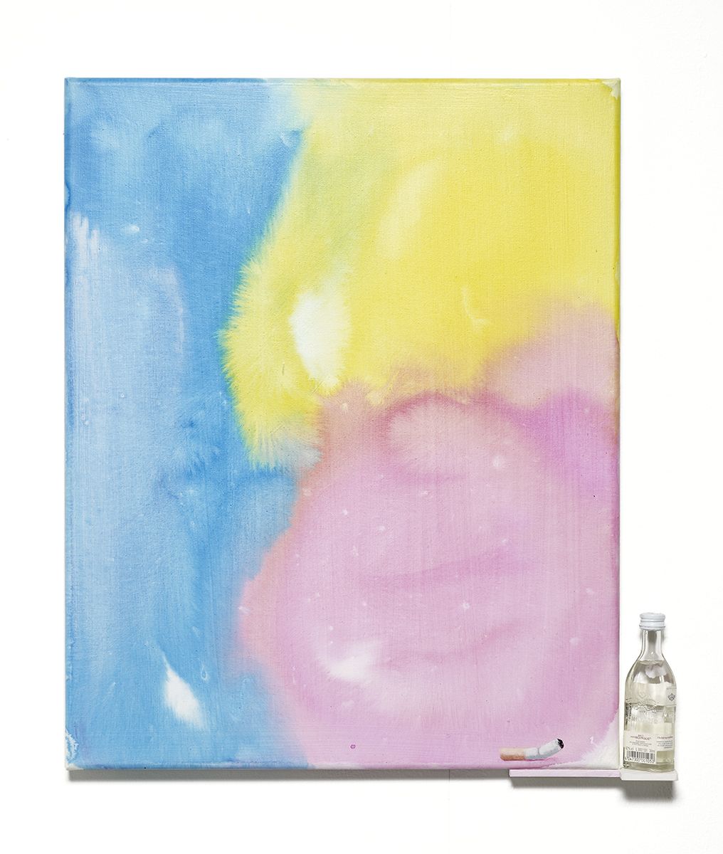 Monika Baer CMY, 2016 Acrylic on canvas, wood bottle 19 7/8 x 17 5/8 x 1 5/8 inches (50.5 x 44.8 x 4.1 cm)