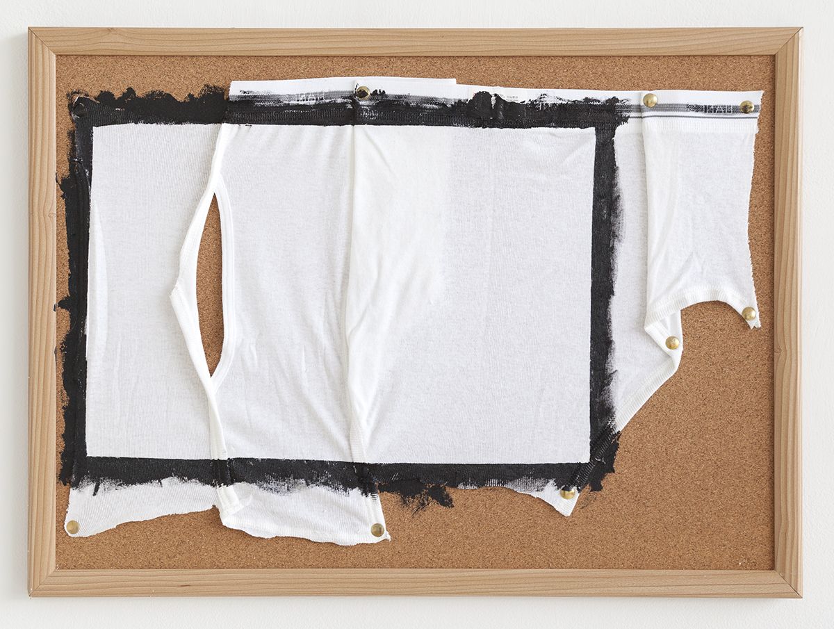 Tony Conrad Untitled (about 5), 2009 Acrylic, underwear, bulletin board 17 x 23 inches (43.2 x 58.4 cm)