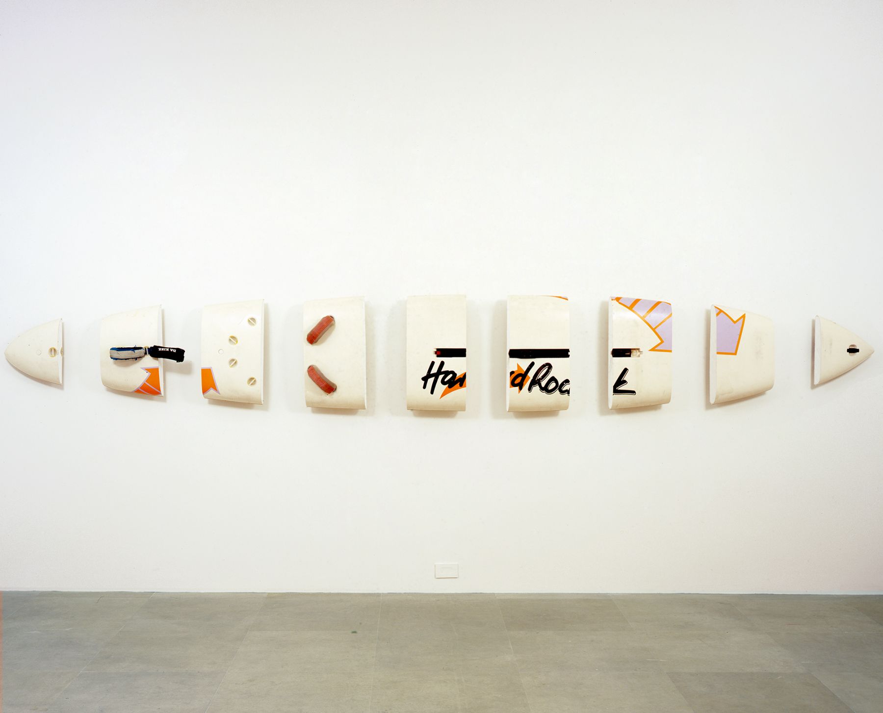 Michael Krebber, Hard Rock, 2008, Windsurfing board, wall mounts, 24 1/2 x 183 inches