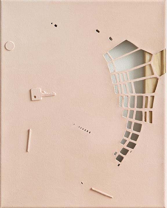 monochrome, 2009 Oil, matches, coin, key on canvas, cut 15 3/4 x 12 7/8 inches