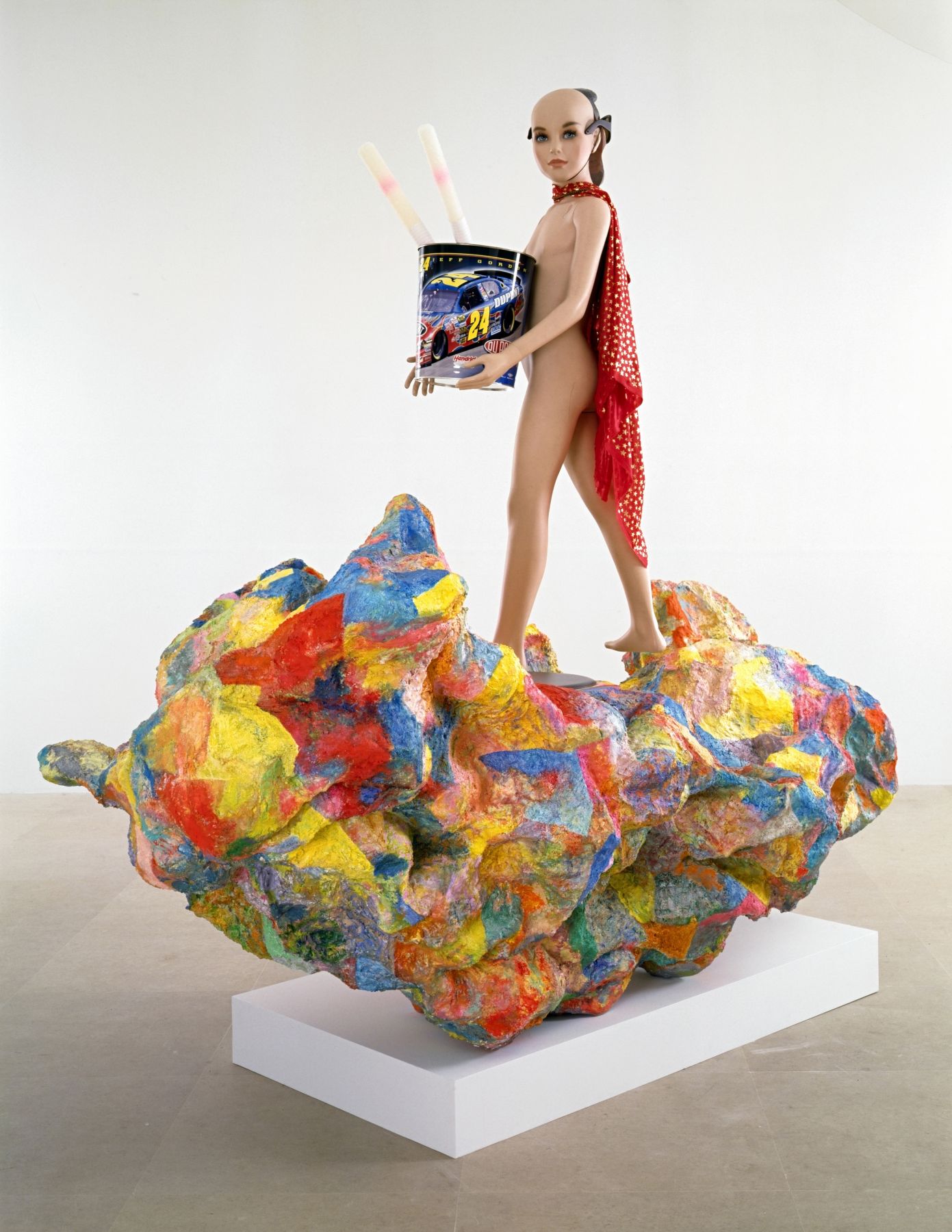 Rachel Harrison Alexander the Great, 2007 Wood, chicken wire, polystyrene, cement, acrylic, mannequin, Jeff Gordon wastebasket, plastic Abraham Lincoln mask, sunglasses, fabric, necklace, and 2 unidentified items 87 x 91 x 40 inches (221 x 231.1 x 101.6 cm)