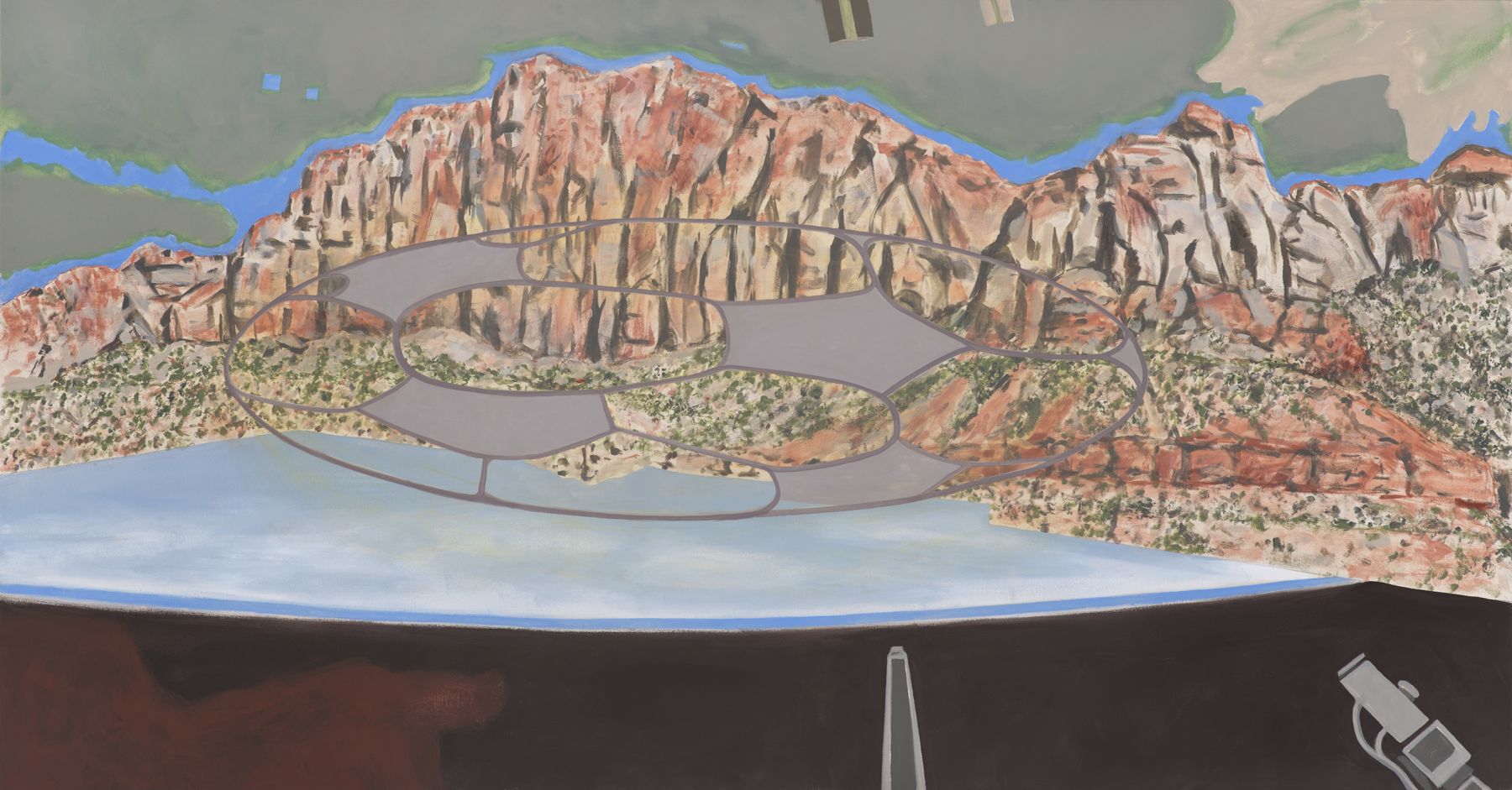 William Leavitt, Motel Zion Earth, 2013, Flashe on canvas with soundtrack, 44 x 84 inches
