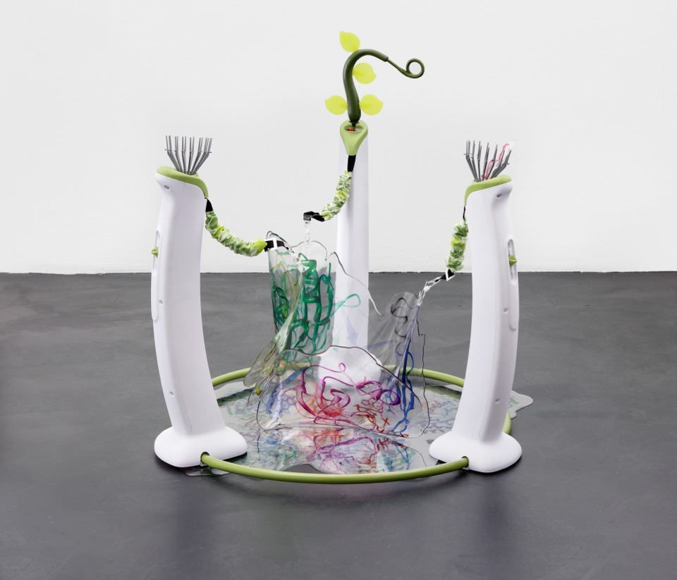 Katja Novitskova Evenflo Exersaucer Safari Freinds, 2014 Electronic baby swing, polyurethane resin, stock image of protein molecule, fishing baits, cable hose 43 3/8 x 35 3/8 x 35 3/8 inches (110.2 x 89.9 x 89.9 cm)