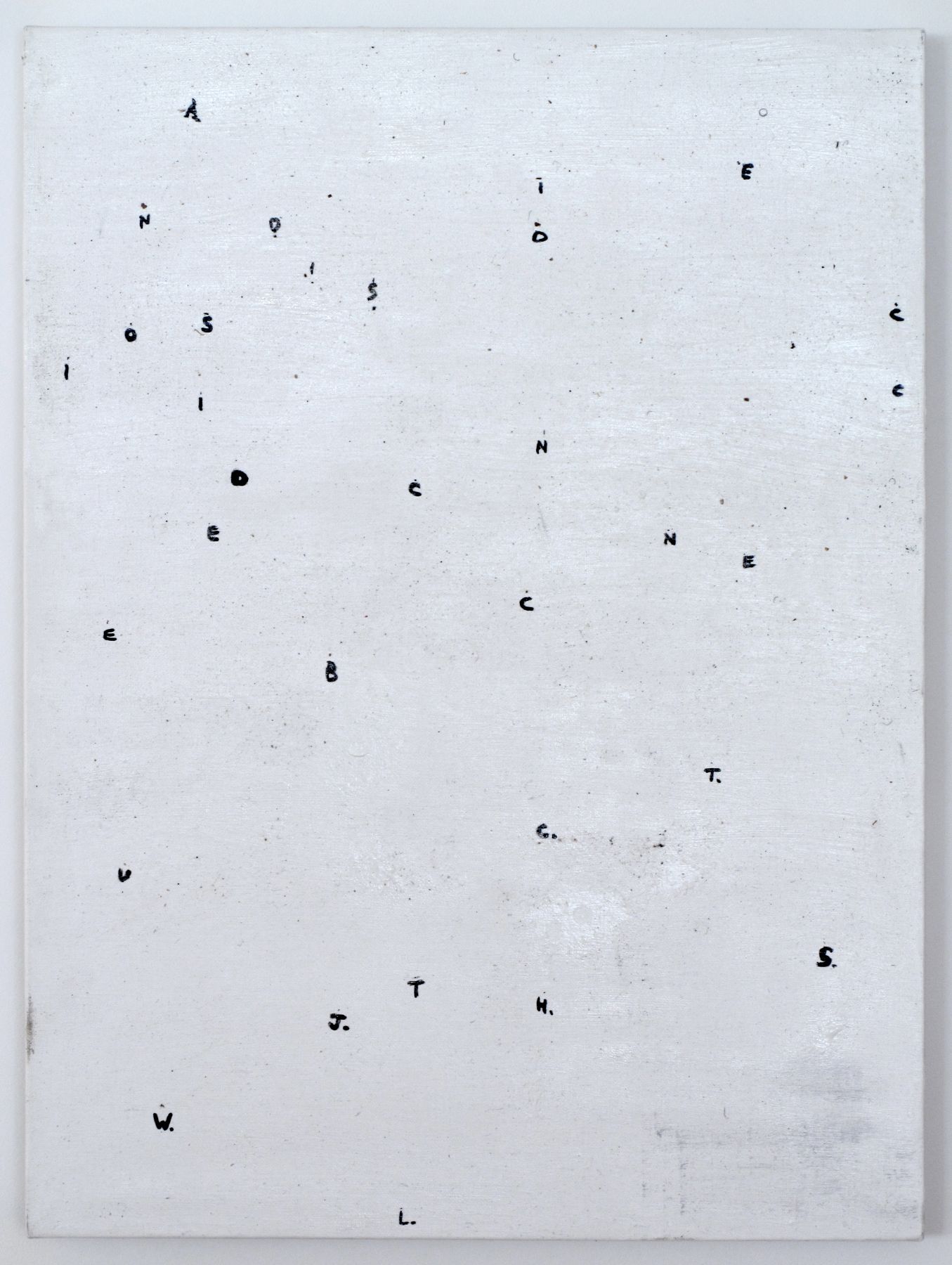 The Assistant (2), 2008, ink letters, dust, and adhesive on canvas, 24 x 18 inches