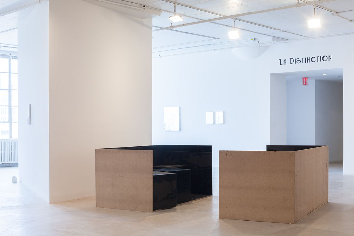 FREAK OUT, Lena Henke, Sqin and Super Sqin, 2012, Epoxy, resin, tar paper and paper on wood, Two Booths: 35 1/2 x 80 1/4 x 45 1/4 inches each, Five Cubes: 21 5/8 x 21 5/8 x 21 5/8 inches
