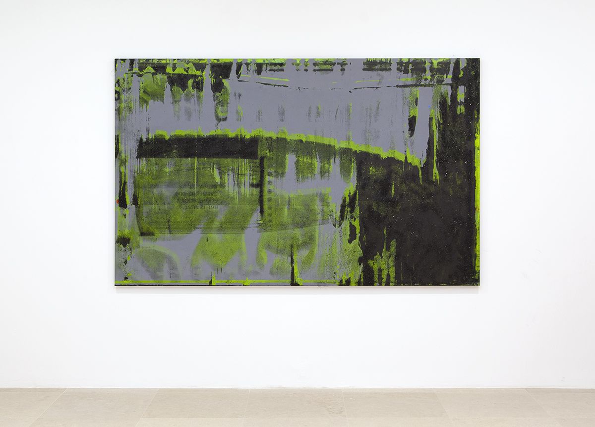 Mathieu Malouf, M76 nuclear warhead, 2017, Silkscreen and glitter on canvas, 60 x 96 inches (152.4 x 243.8 cm)