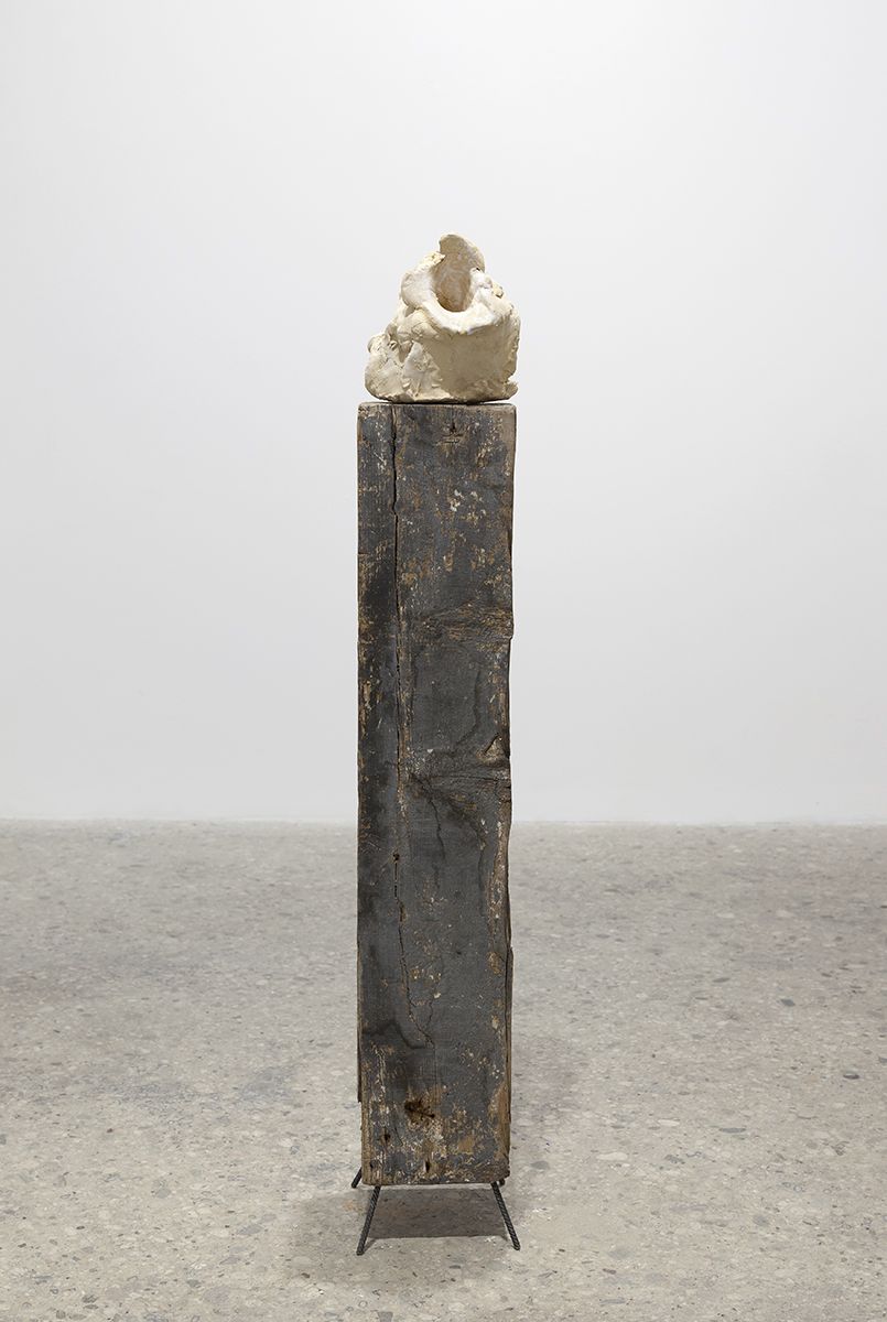 Gelatin New York Golem, 2017 Wood from Venice Arsenale, steel, glazed ceramic 53 5/8 x 7 7/8 x 7 7/8 inches (136 x 20 x 20 cm)