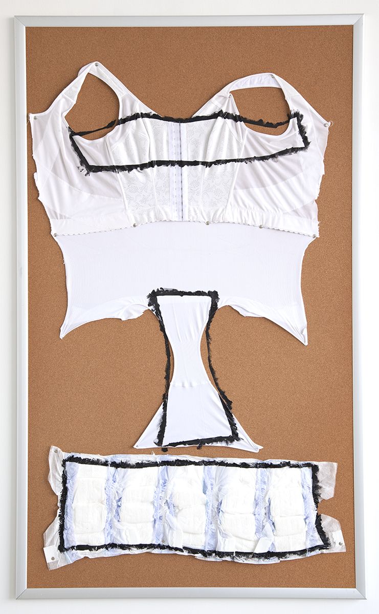 Tony Conrad Parturition, 2009 Acrylic, underwear, bulletin board 60 x 36 inches (152.4 x 91.4 cm)