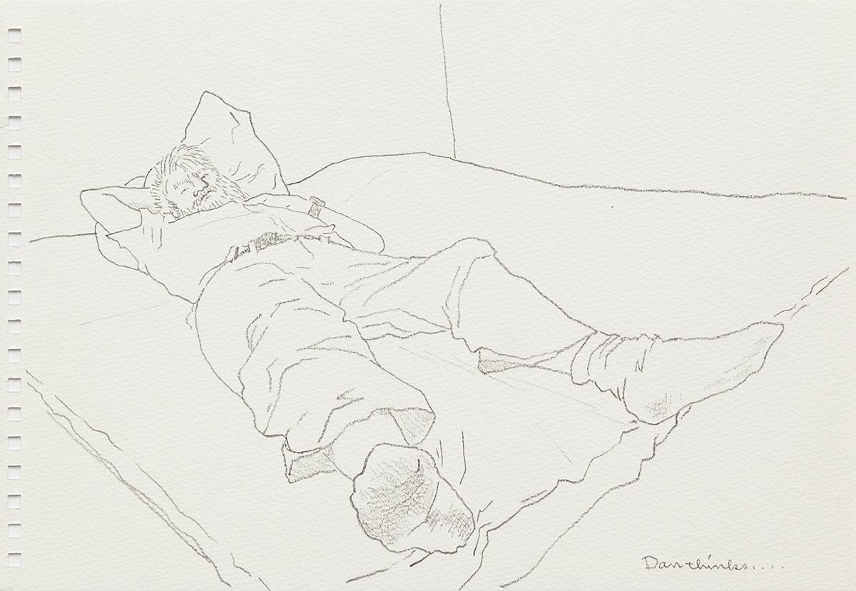 Mieko Meguro Dan Thinks... , 2016 Graphite on paper Image: 6 3/8 x 9 7/8 inches (16.5 x 25.1 cm) Frame: 9 1/2 x 12 1/2 x 1 1/8 inches (24.1 x 31.7 x 3.0 cm)