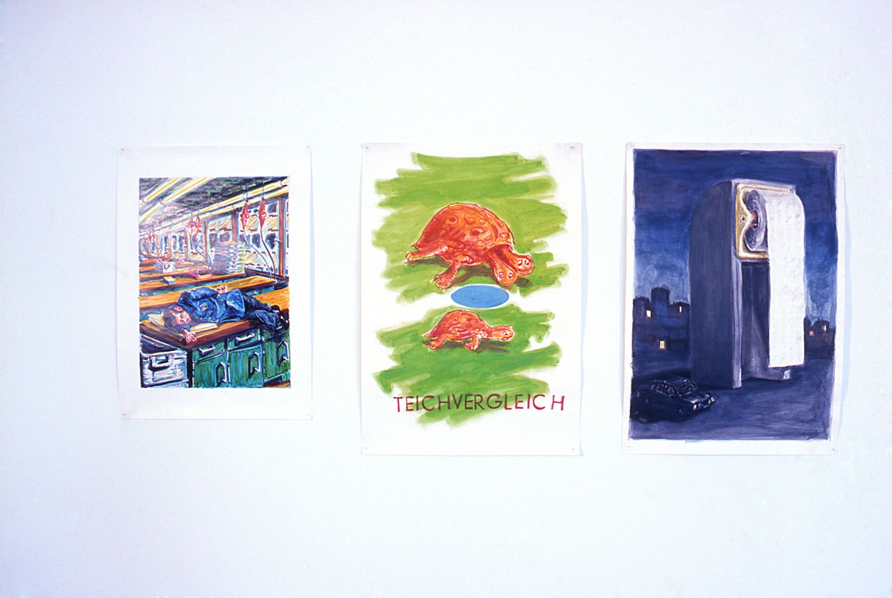 Andres Siekmann, Installation view of Sleeping Worker, Teichvergleich and Box Building, 1977, Felt-tip pen and watercolor on paper, 33 3/4 x 24 3/4 inches; 39 1/4 x 26 1/4 inches; 39 1/4 x 26 3/4 inches